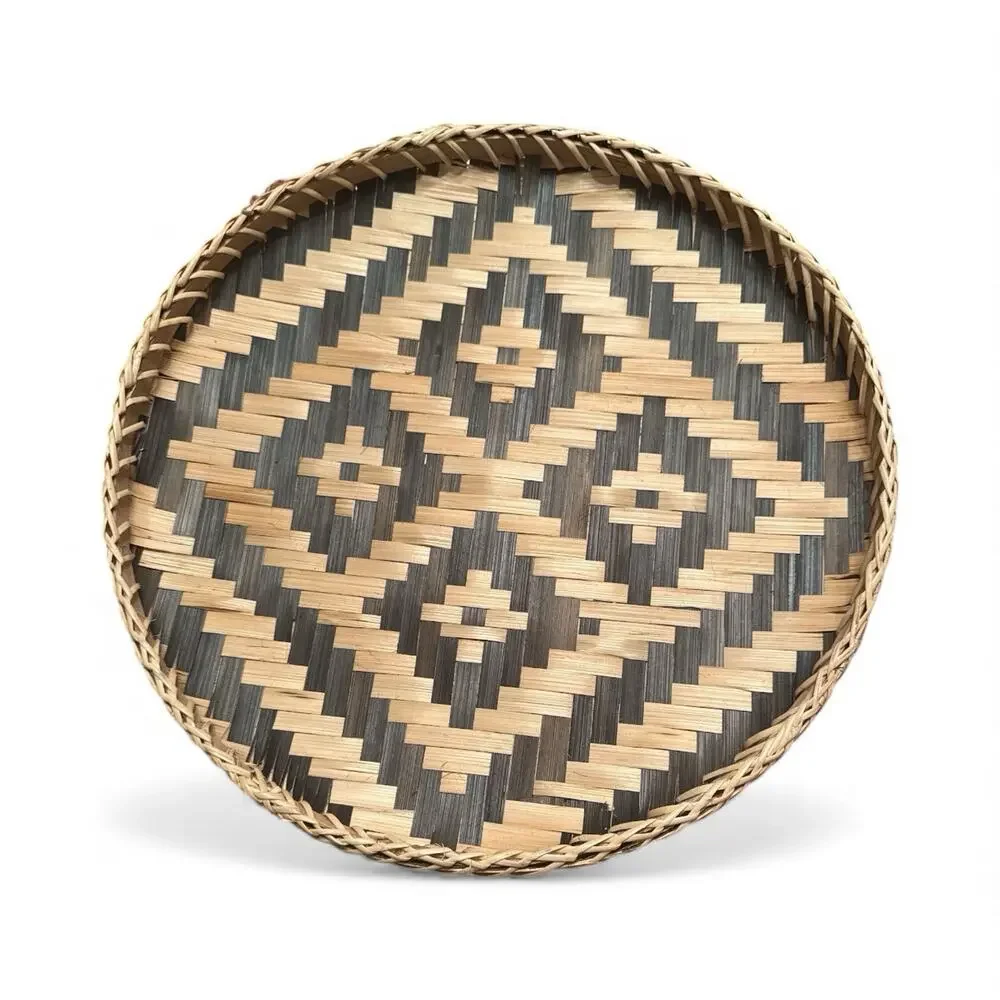 Ann Lee Designs handwoven bamboo Weave basket tray Black Diamond 14”x14x1”